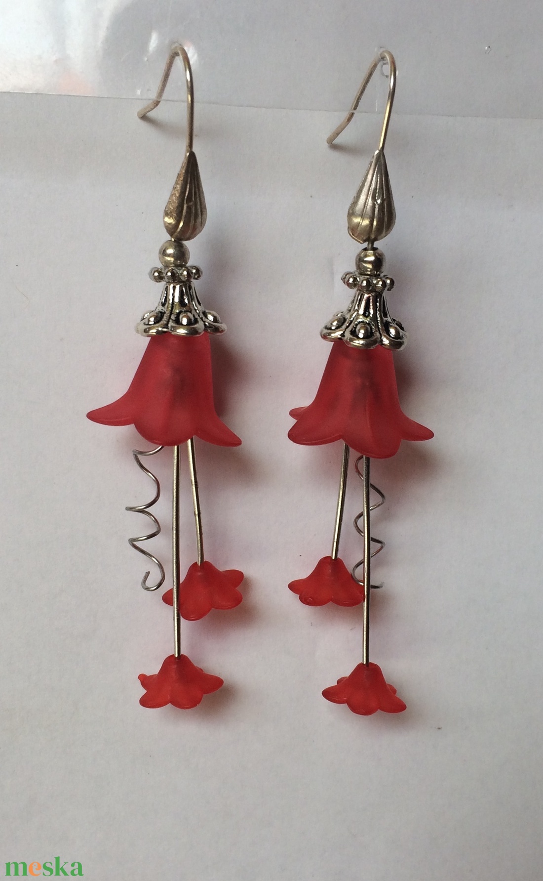 Piros Virág ezüst hosszú fülbevaló  - ékszer - fülbevaló - lógó fülbevaló - Meska.hu Piros Virág ezüst hosszú fülbevaló  - ékszer - fülbevaló - lógó fülbevaló - Meska.hu