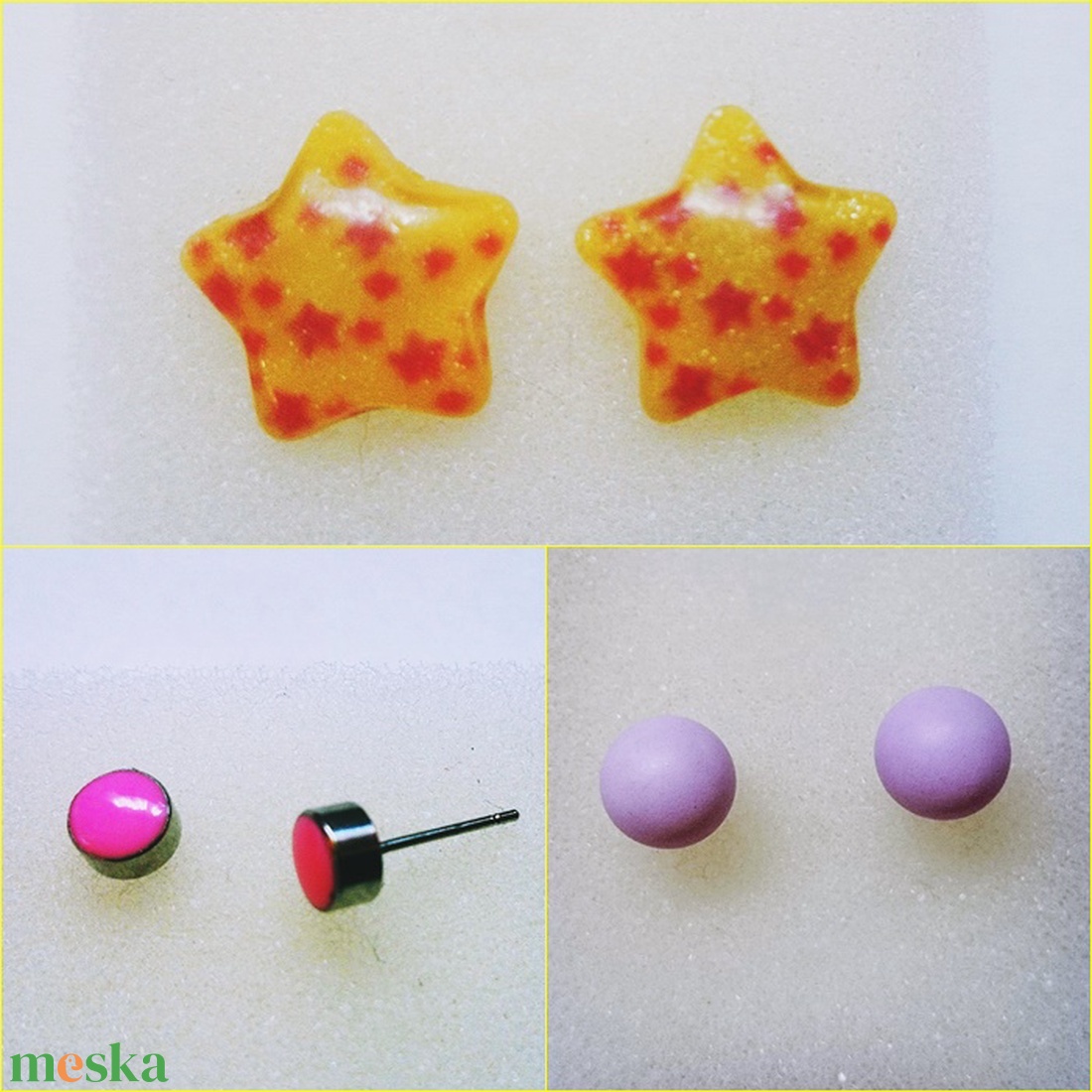 3 pár beszúrós fülbevaló sárga virág kerek pötty - ékszer - fülbevaló - pötty fülbevaló - Meska.hu