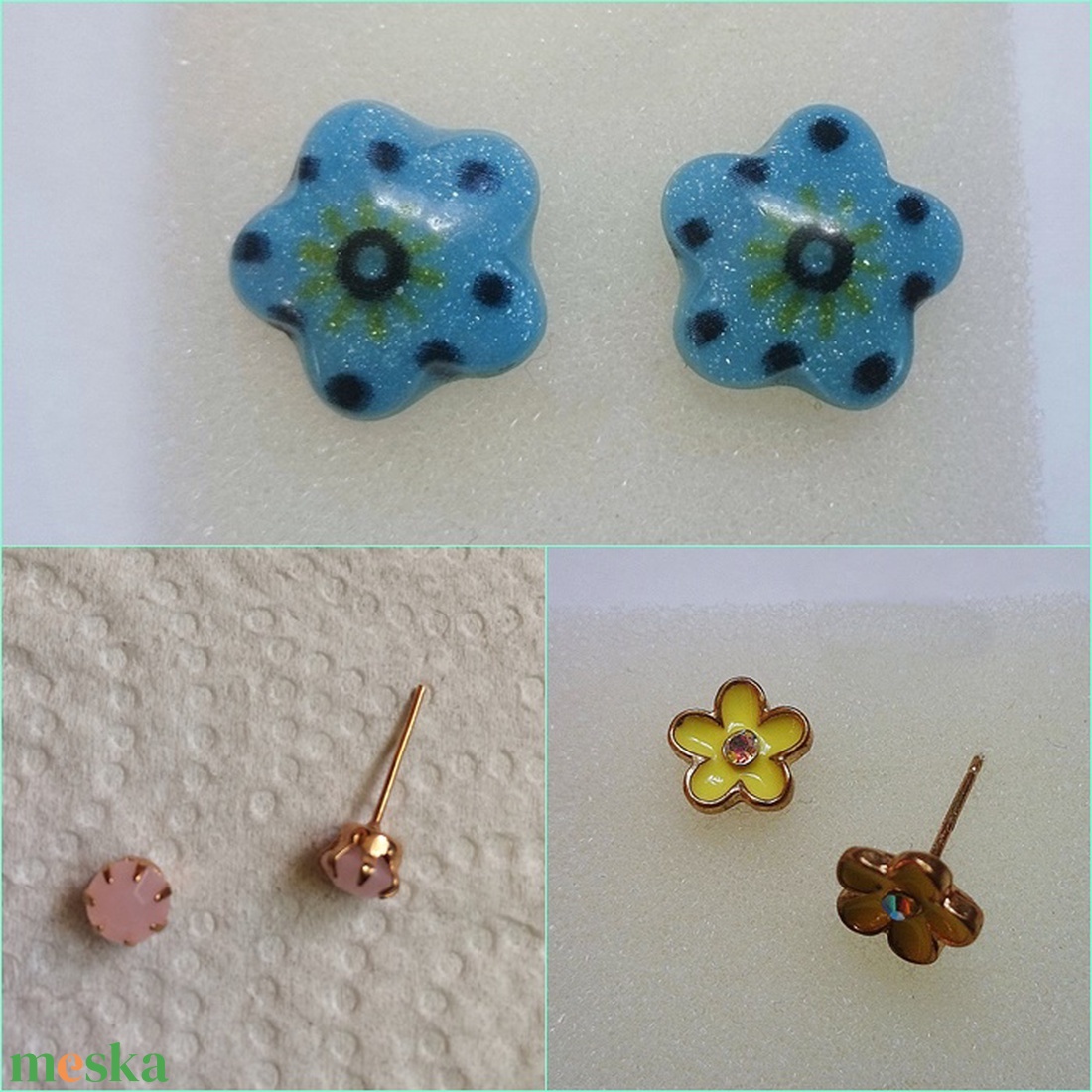 3 pár beszúrós fülbevaló sárga kék virág köves pötty - ékszer - fülbevaló - pötty fülbevaló - Meska.hu