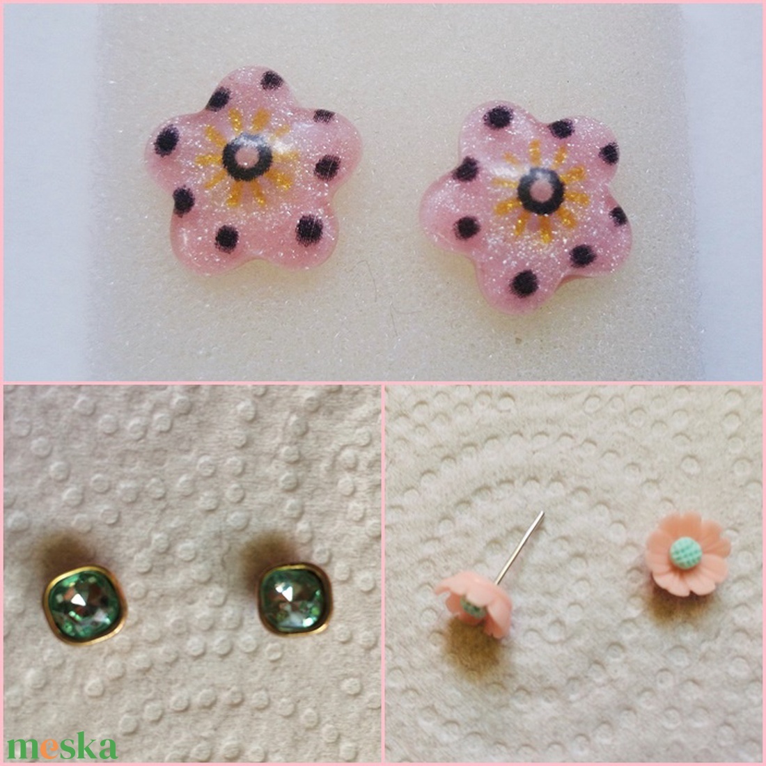 3 pár beszúrós fülbevaló rózsaszín virág zöld köves  - ékszer - fülbevaló - pötty fülbevaló - Meska.hu