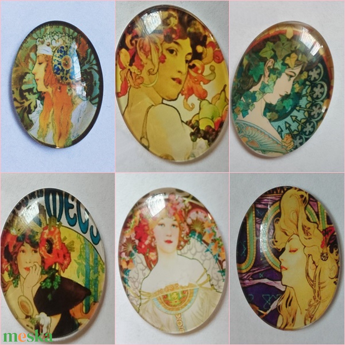 6 db üveglencse lencse ovális A. Muncha színes hölgy portré - kellékek & szerszámok - gyöngyfűzés kellékek - üveglencse - Meska.hu