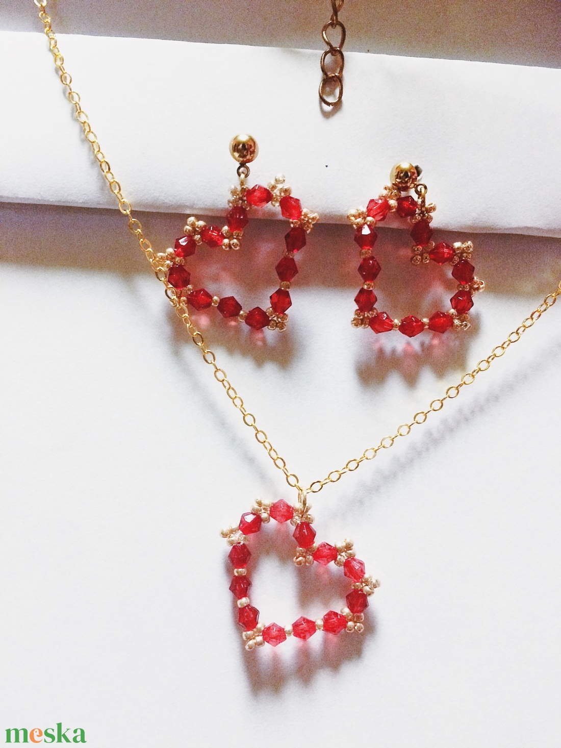 Piros-arany gyöngyös szív szivecske ékszerszett kollekció - ékszer - ékszerszett - Meska.hu