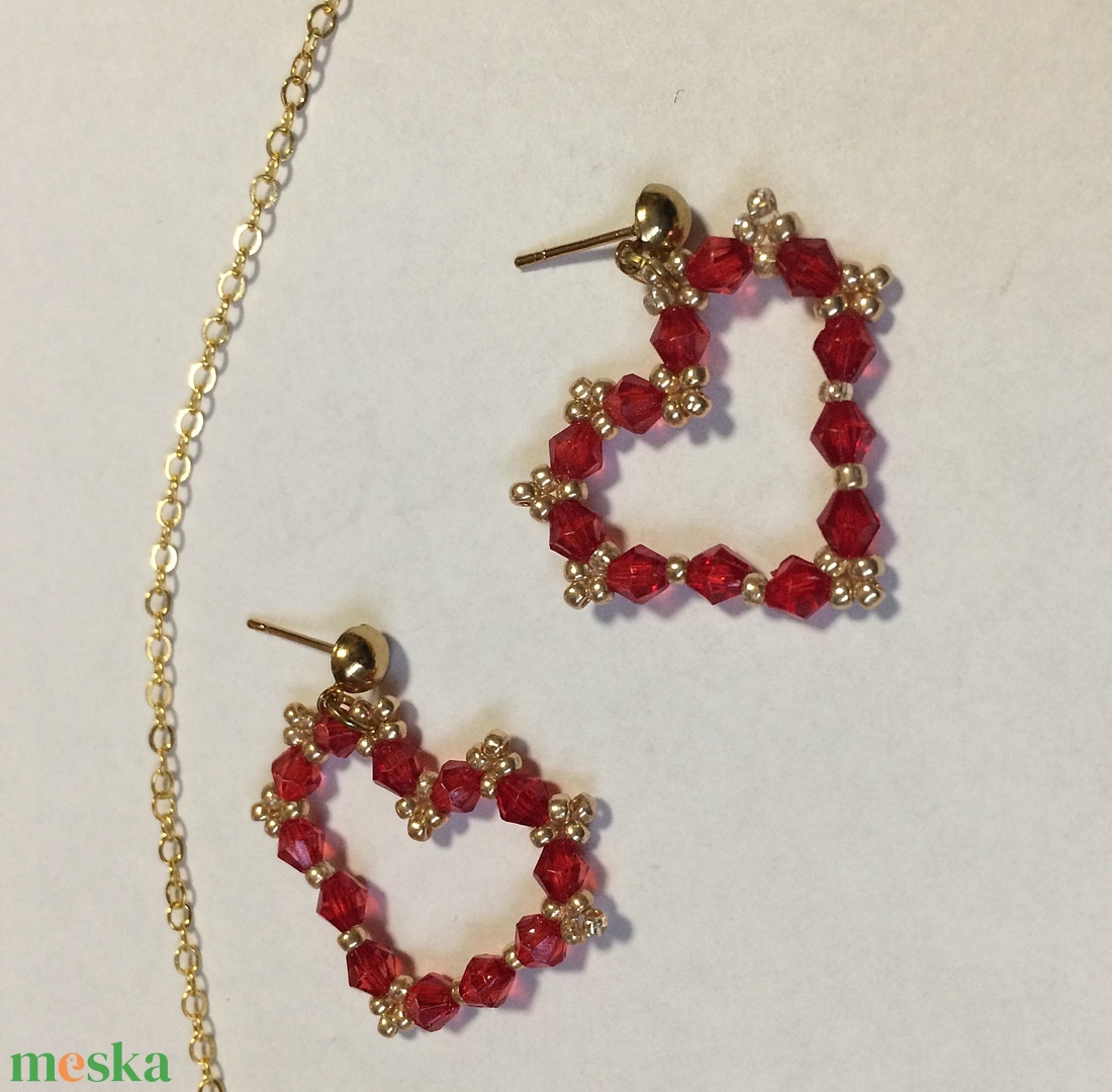 Piros-arany gyöngyös szív szivecske ékszerszett kollekció - ékszer - ékszerszett - Meska.hu
