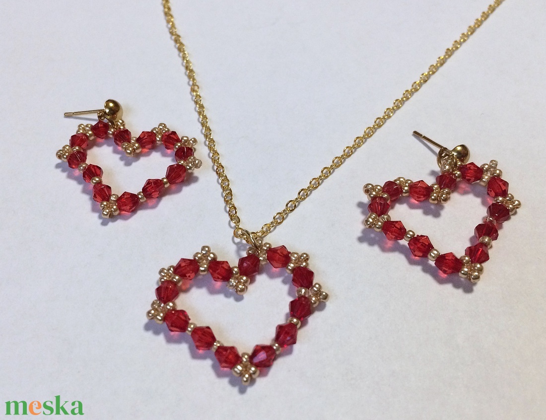 Piros-arany gyöngyös szív szivecske ékszerszett kollekció - ékszer - ékszerszett - Meska.hu
