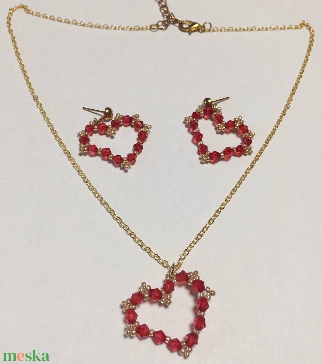 Piros-arany gyöngyös szív szivecske ékszerszett kollekció - ékszer - ékszerszett - Meska.hu