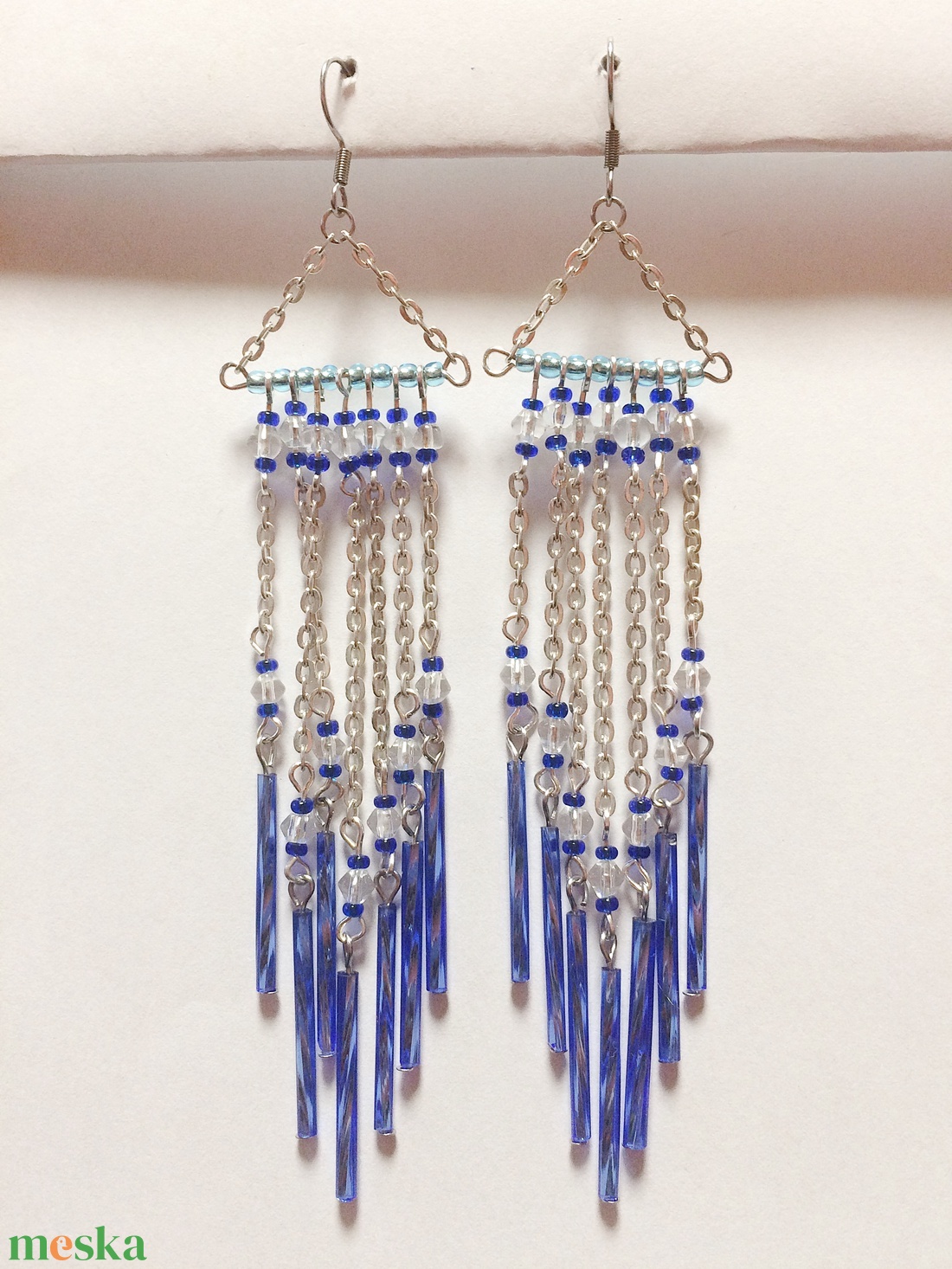 Ezüst metálkék láncos rojtos hosszú fülbevaló - ékszer - fülbevaló - lógó fülbevaló - Meska.hu