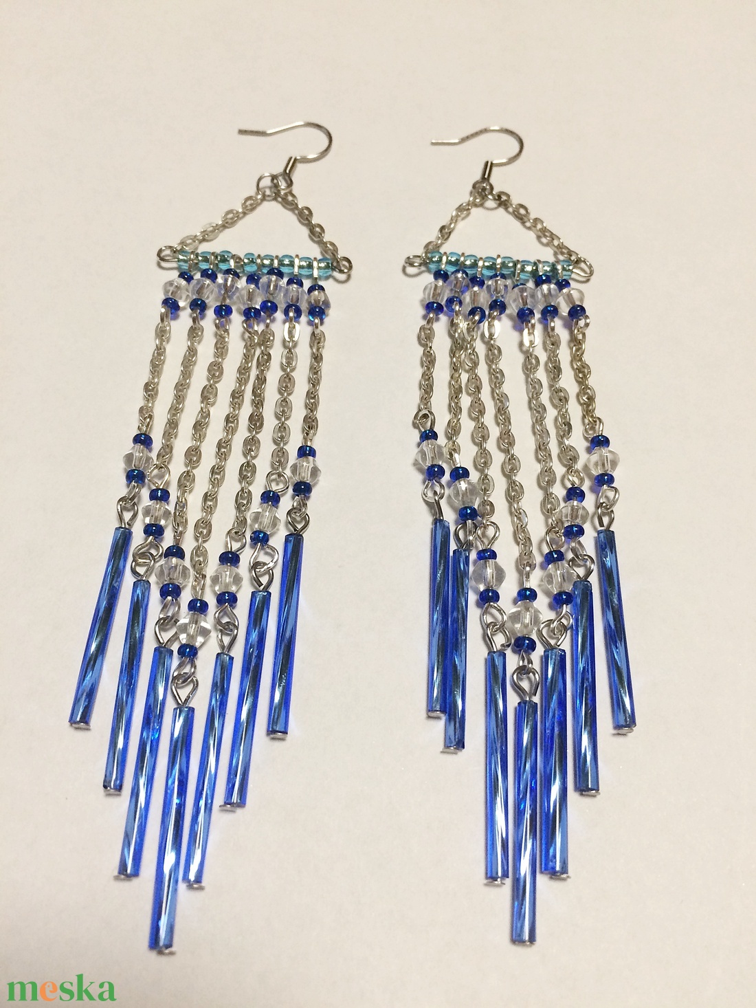 Ezüst metálkék láncos rojtos hosszú fülbevaló - ékszer - fülbevaló - lógó fülbevaló - Meska.hu