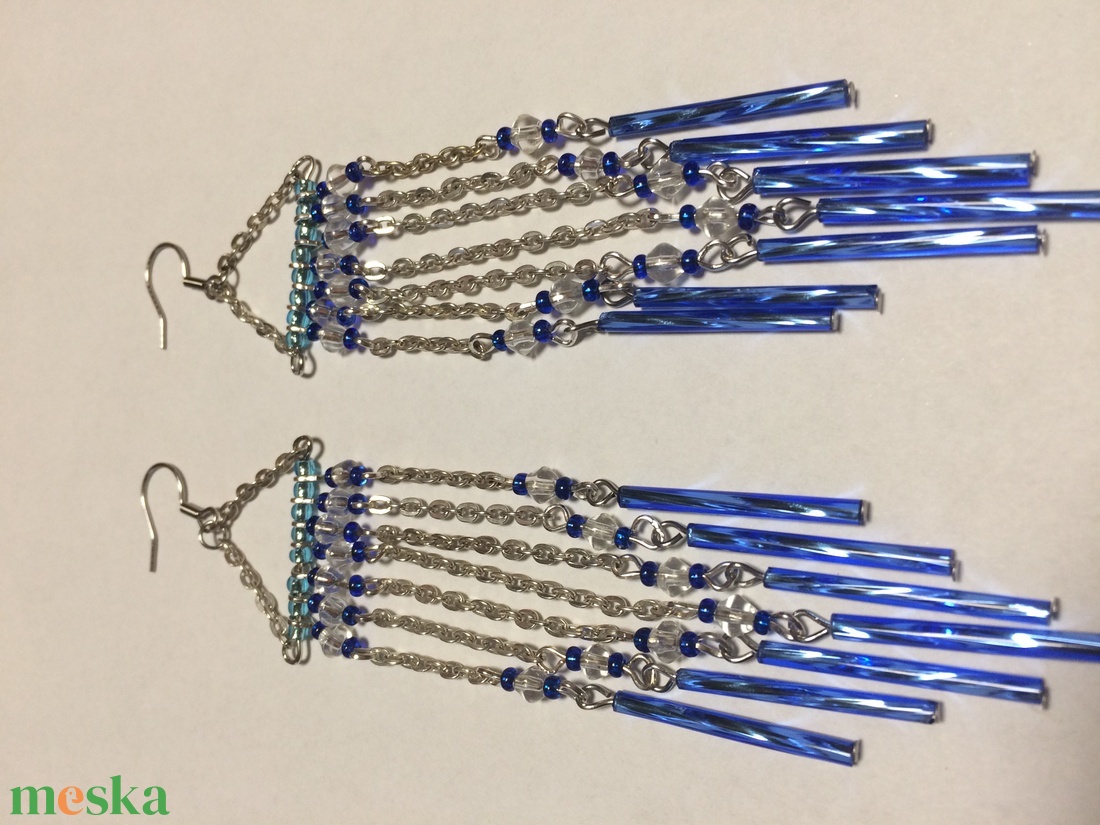 Ezüst metálkék láncos rojtos hosszú fülbevaló - ékszer - fülbevaló - lógó fülbevaló - Meska.hu
