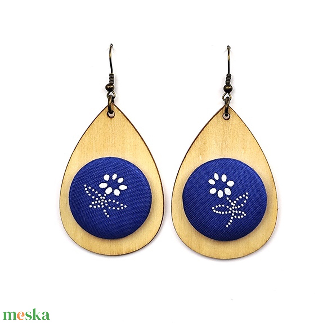 Kékfestő fa-textil fülbevaló - ékszer - fülbevaló - lógó fülbevaló - Meska.hu