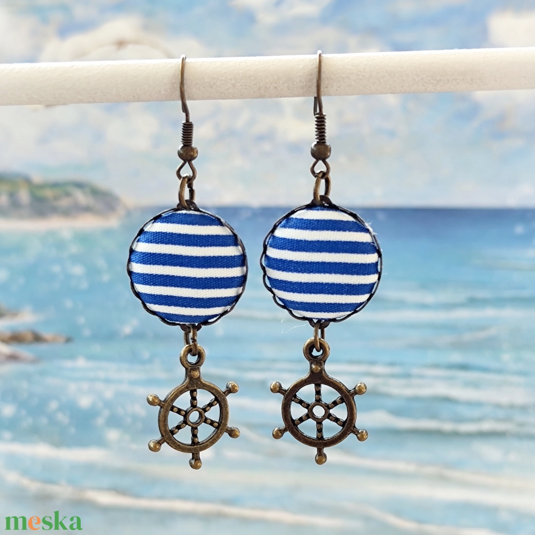 Tengerészcsíkos  textil  fülbevaló  - ékszer - fülbevaló - lógó fülbevaló - Meska.hu