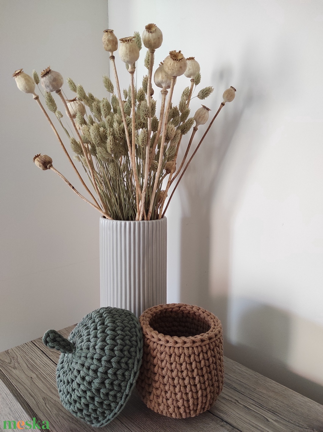 Horgolt makk tároló (fahéj, olajfa színben) - otthon & életmód - dekoráció - asztal és polc dekoráció - dekorációs tál, tartó - Meska.hu