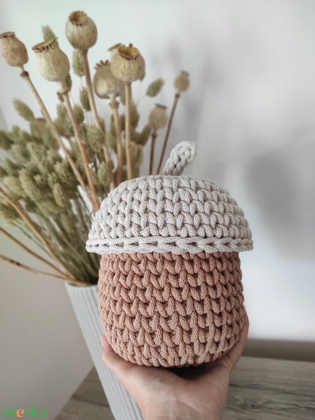 Horgolt makk tároló (toast, világosbézs színben) - otthon & életmód - dekoráció - asztal és polc dekoráció - dekorációs tál, tartó - Meska.hu
