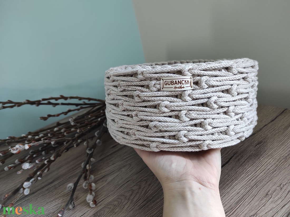 Csomómintás horgolt kosár (zab színben) - otthon & életmód - tárolás & rendszerezés - tárolókosár - Meska.hu