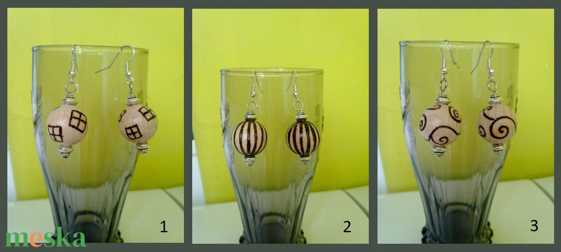 Mintás, fa fülbevaló - pirográf technikával - ékszer - fülbevaló - lógó fülbevaló - Meska.hu