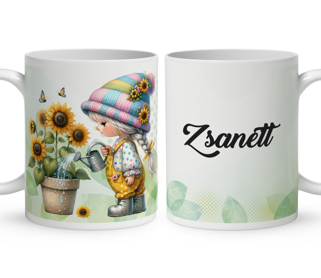 Névvel kérhető - Locsolós napraforgós manó lány mintás bögre - otthon & életmód - konyhafelszerelés, tálalás - tálalás - bögre & csésze - Meska.hu