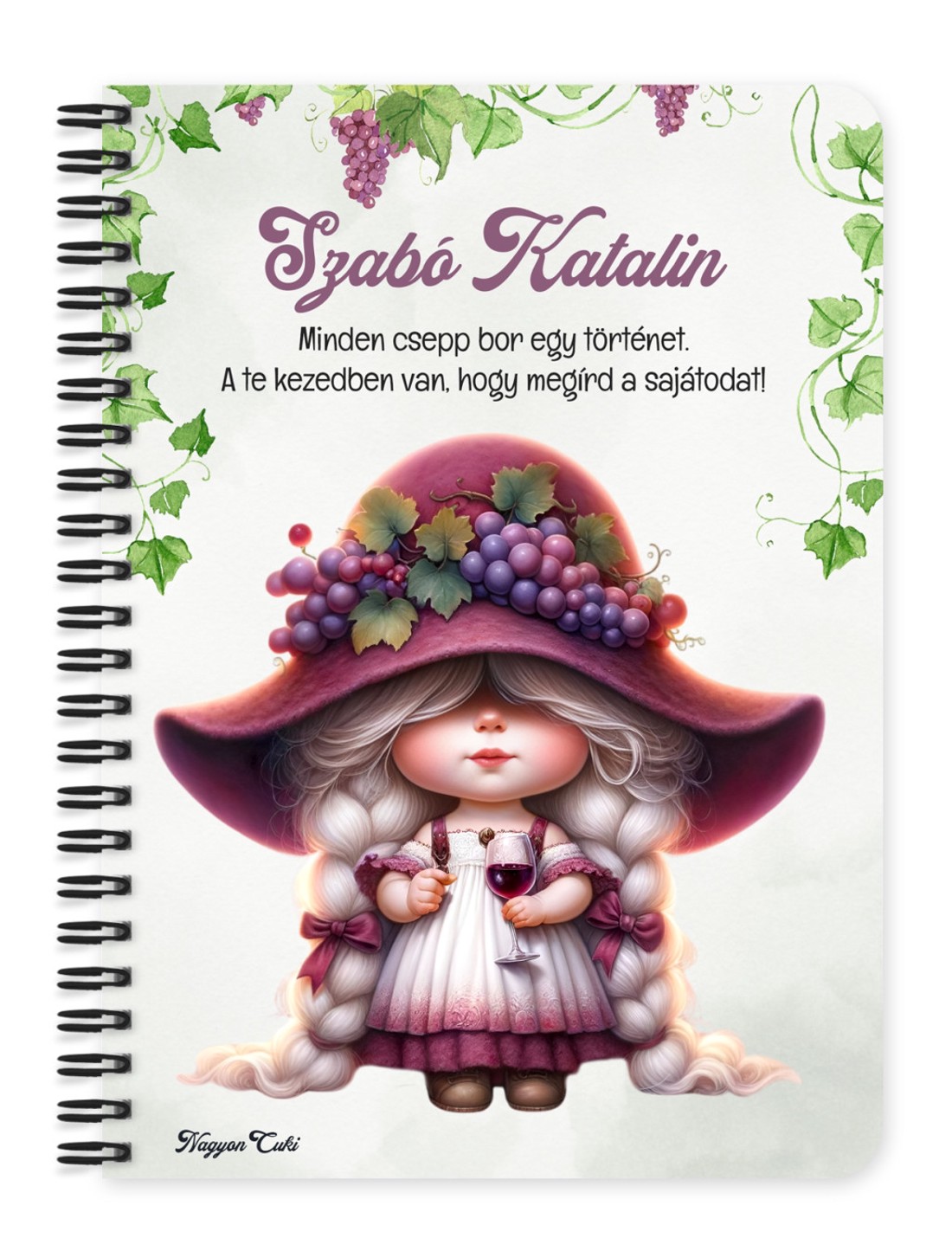 Személyre szabható - Szépséges borász manó lány mintás A6-os füzet - otthon & életmód - papír, írószer - jegyzetfüzet & napló - Meska.hu