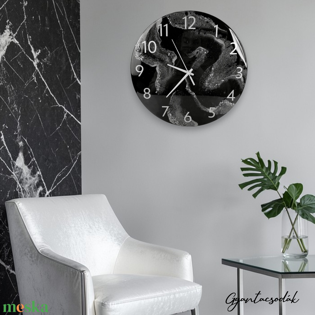 EPOXI GYANTA FALIÓRA - KEREK EZÜST ONIX 33CM - GYANTACSODÁK - otthon & életmód - dekoráció - fali és függő dekoráció - falióra & óra - Meska.hu