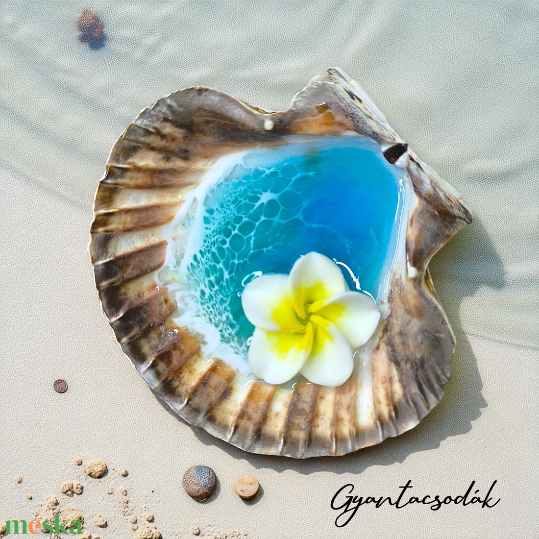 ÉKSZERTARTÓ FEHÉR PLUMERIA VIRÁGGAL - VALÓDI ÓRIÁSKAGYLÓ GYŰRŰTARTÓ - GYANTACSODÁK - otthon & életmód - dekoráció - asztal és polc dekoráció - asztaldísz - Meska.hu