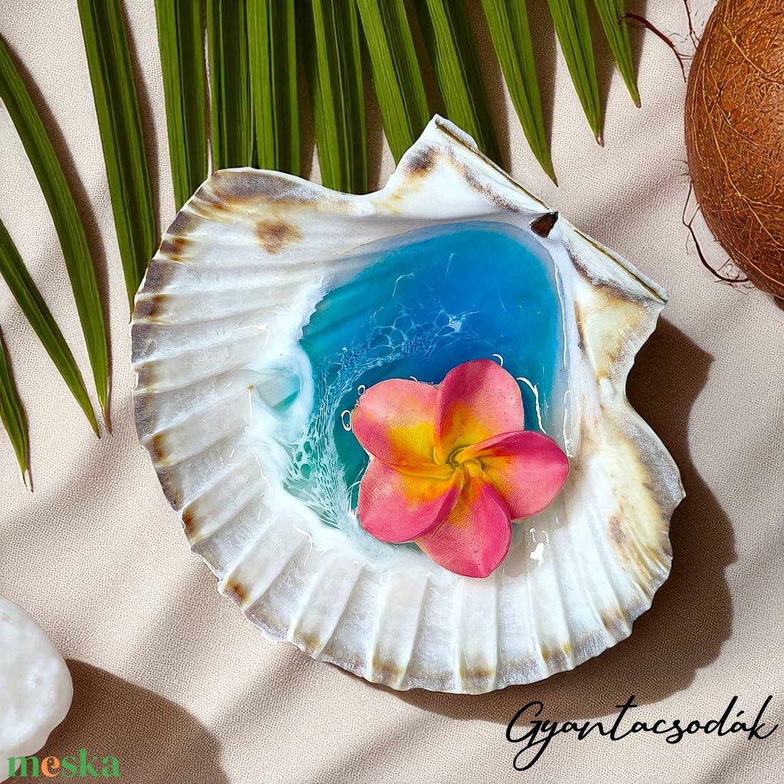 ÉKSZERTARTÓ RÓZSASZÍN PLUMERIA VIRÁGGAL - VALÓDI ÓRIÁSKAGYLÓ GYŰRŰTARTÓ - GYANTACSODÁK - otthon & életmód - dekoráció - asztal és polc dekoráció - asztaldísz - Meska.hu