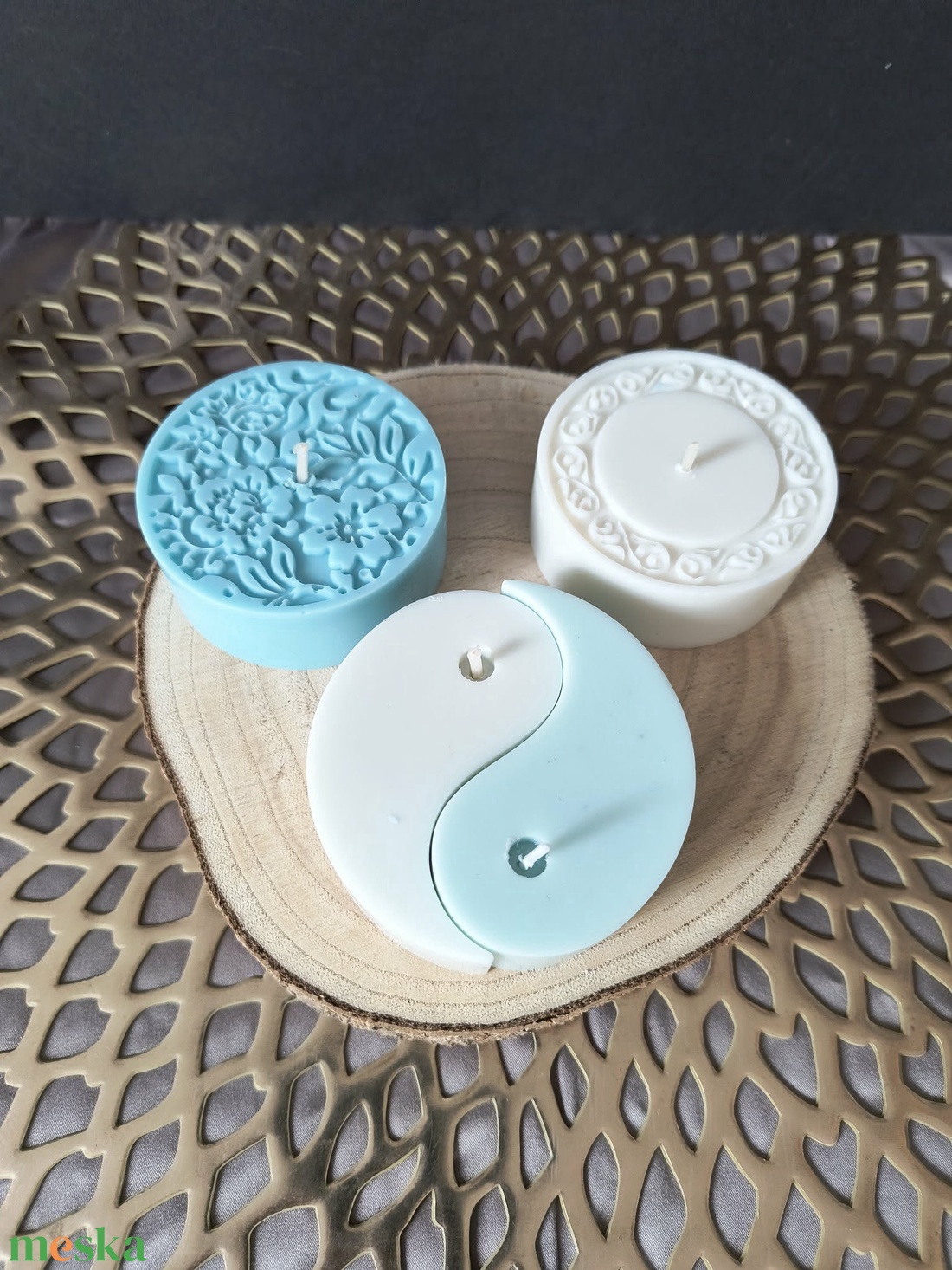 Mandala gyertyaszett - fehér, türkiz - otthon & életmód - gyertya, illat, aroma - gyertya - Meska.hu