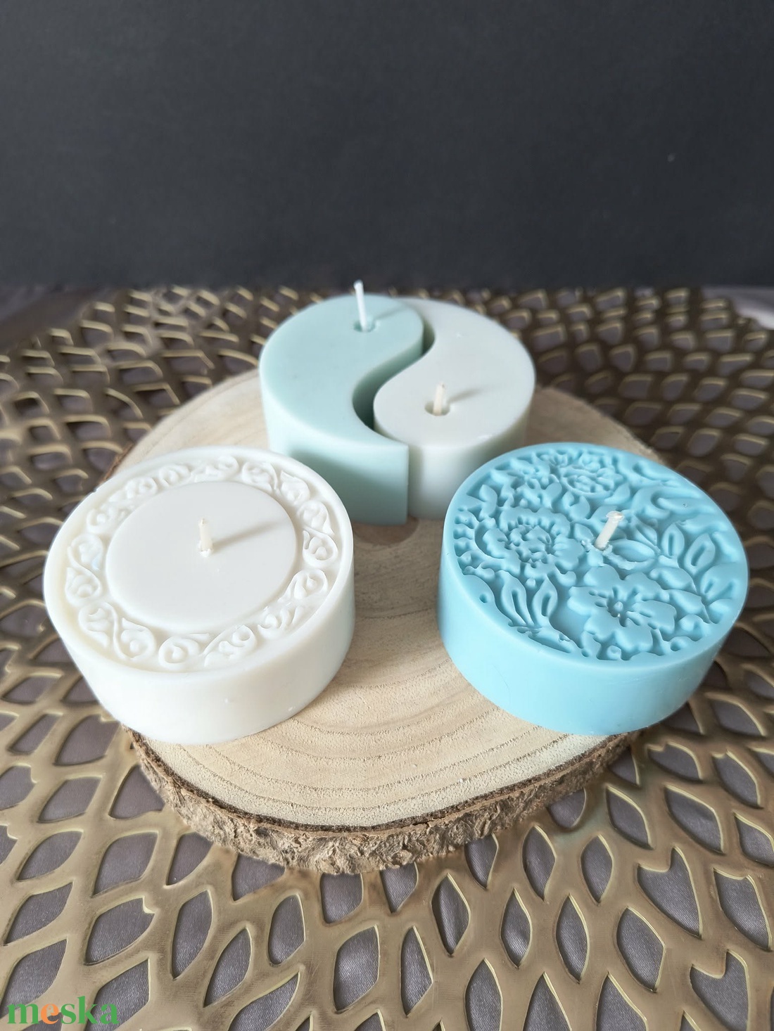 Mandala gyertyaszett - fehér, türkiz - otthon & életmód - gyertya, illat, aroma - gyertya - Meska.hu