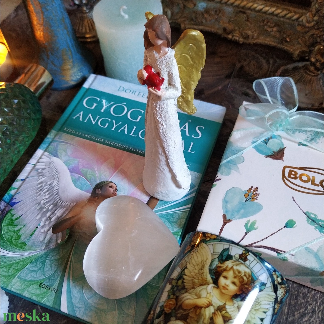 Gyógyítás angyalokkal ajándékcsomag csokoládéval, könyvvel, ásvánnyal szülinapra, névnapra, karácsonyra, pedagógusnapra  - élelmiszer - gourmet ajándékcsomag - Meska.hu
