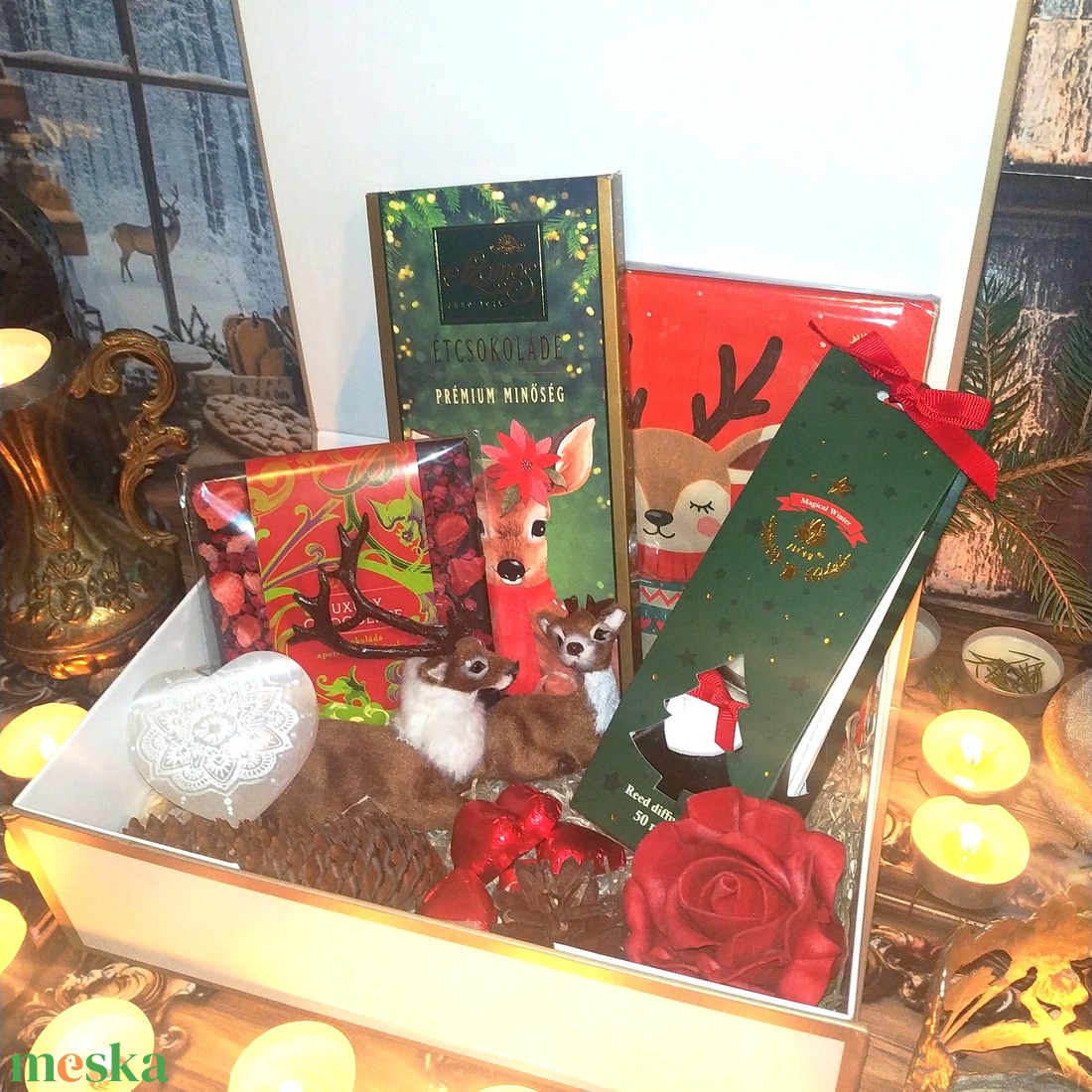 Karácsonyi ajándékcsomag csokoládéval, szerelmes szarvasokkal, szelenit ásvány szívvel  - élelmiszer - gourmet ajándékcsomag - Meska.hu