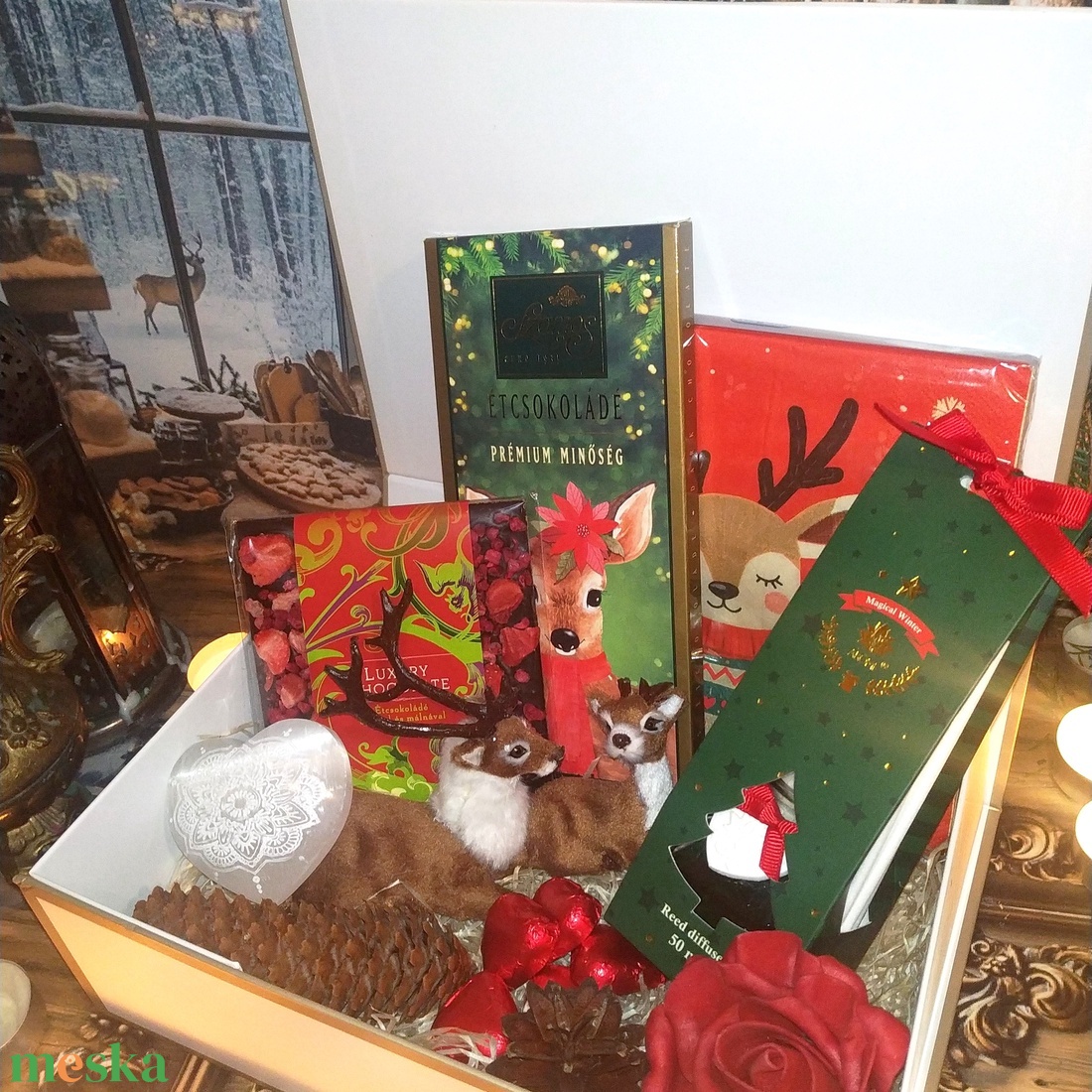 Karácsonyi ajándékcsomag csokoládéval, szerelmes szarvasokkal, szelenit ásvány szívvel  - élelmiszer - gourmet ajándékcsomag - Meska.hu