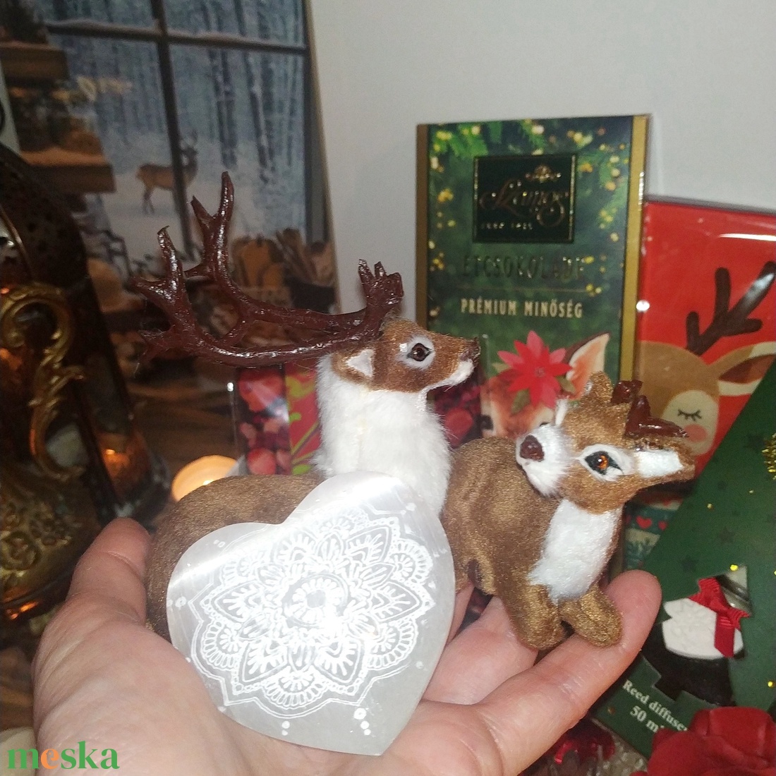 Karácsonyi ajándékcsomag csokoládéval, szerelmes szarvasokkal, szelenit ásvány szívvel  - élelmiszer - gourmet ajándékcsomag - Meska.hu