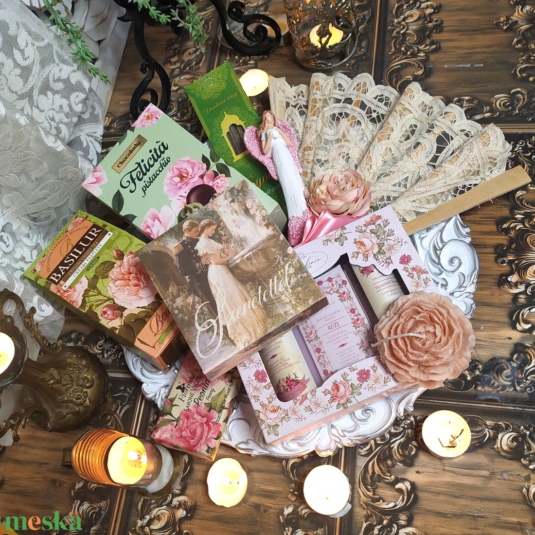 Romantikus ajándékcsomag szerelemes Valentin napra, Nőnapra, Évforfulóra, Születésnapra kézműves csokoládéval, angyallal - élelmiszer - gourmet ajándékcsomag - Meska.hu