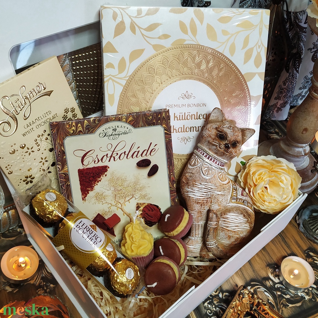 Valentin napi ajándékcsomag csokoládéval cica rajongóknak - Cirmi cica csokiboltja finomságokkal Nőnapra, Szülinapra - élelmiszer - gourmet ajándékcsomag - Meska.hu