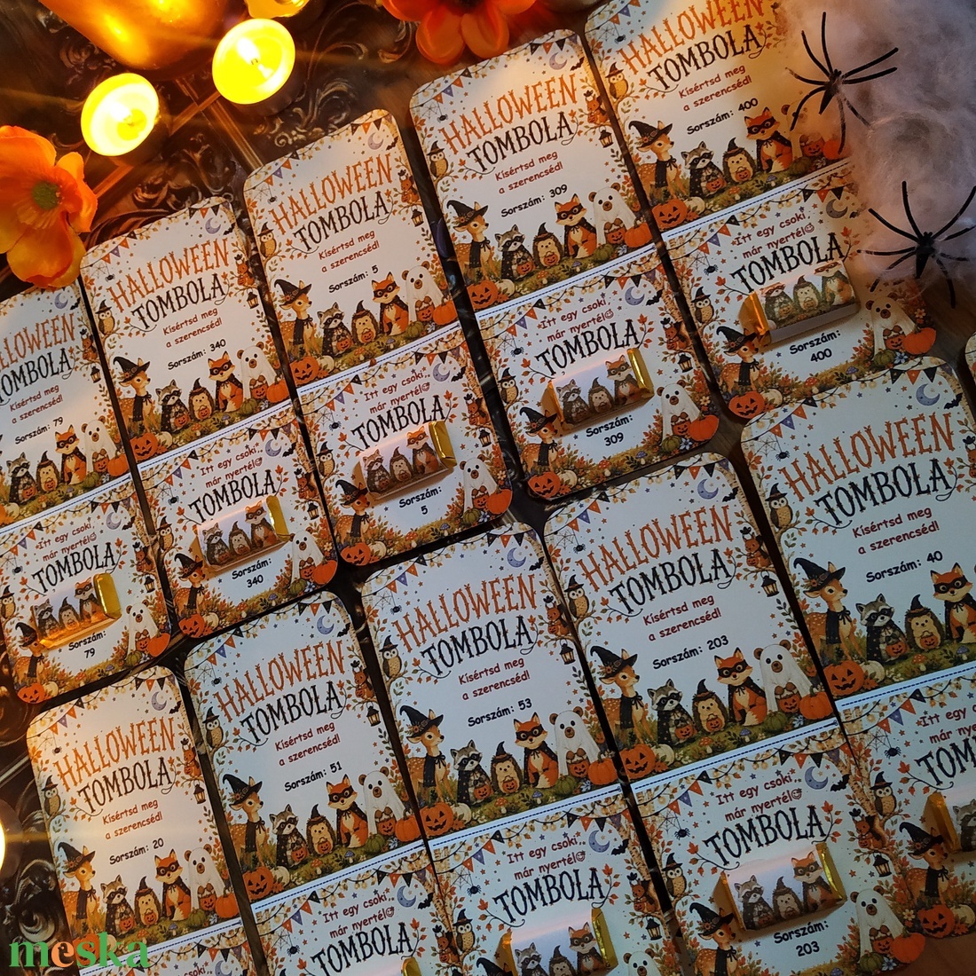 Halloween tombola kártya csokival Halloween bulikra ovisoknak, gyerkeeknek, felnőtteknek cuki erdei állatkákkal - otthon & életmód - dekoráció - halloween - halloweeni meghívó, képeslap, ajándékkísérő - Meska.hu