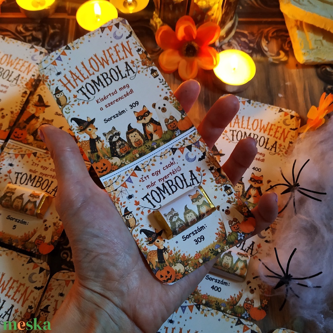 Halloween tombola kártya csokival Halloween bulikra ovisoknak, gyerkeeknek, felnőtteknek cuki erdei állatkákkal - otthon & életmód - dekoráció - halloween - halloweeni meghívó, képeslap, ajándékkísérő - Meska.hu