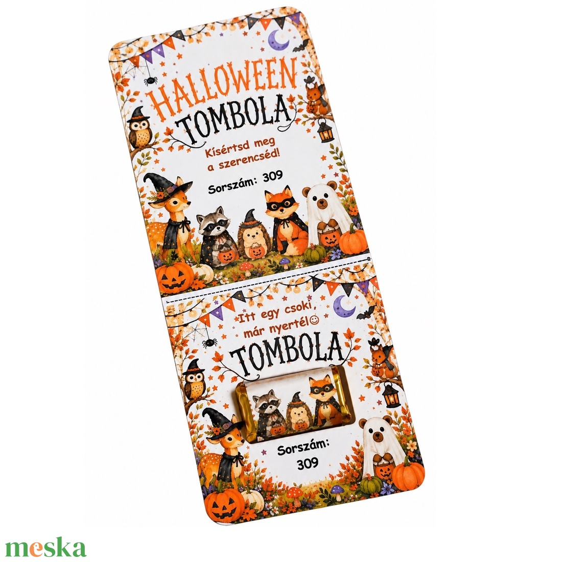 Halloween tombola kártya csokival Halloween bulikra ovisoknak, gyerkeeknek, felnőtteknek cuki erdei állatkákkal - otthon & életmód - dekoráció - halloween - halloweeni meghívó, képeslap, ajándékkísérő - Meska.hu