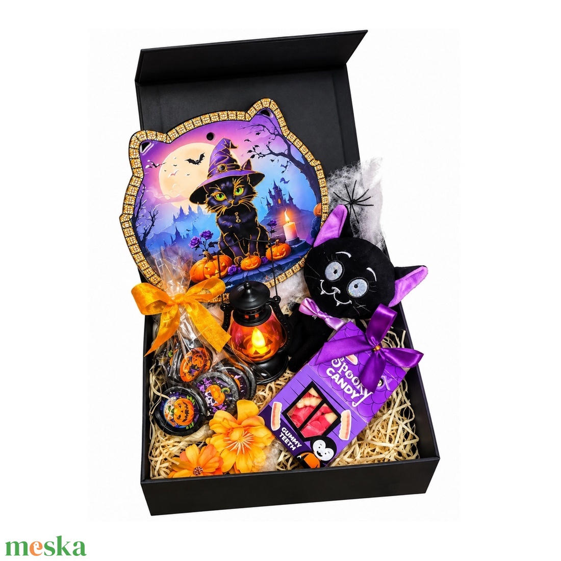 Halloween ajándékcsomag csokival, plüss cicával - Rumos Frici vámpír macska keresi a szerelmét - otthon & életmód - dekoráció - halloween - halloweeni dekoráció - Meska.hu