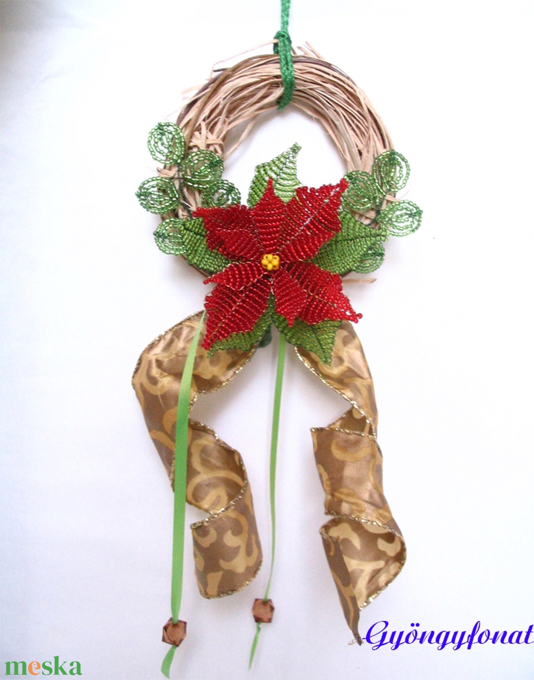 Karácsonyi ajtódísz  gyöngyből - mikulásvirággal  - karácsony - karácsonyi lakásdekoráció - karácsonyi ajtódíszek - Meska.hu