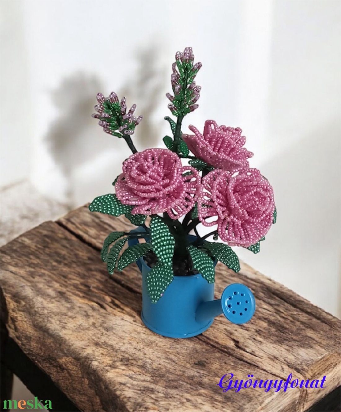 Rózsaszín rózsa levendulával gyöngyből,  asztaldísz - otthon & életmód - dekoráció - asztal és polc dekoráció - asztaldísz - Meska.hu