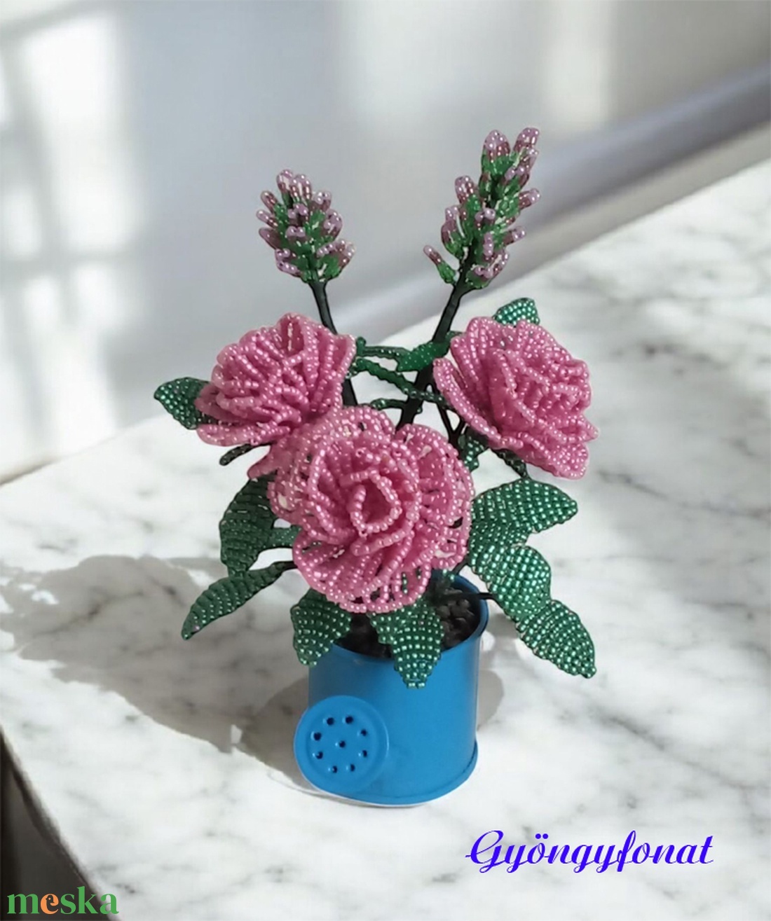 Rózsaszín rózsa levendulával gyöngyből,  asztaldísz - otthon & életmód - dekoráció - asztal és polc dekoráció - asztaldísz - Meska.hu