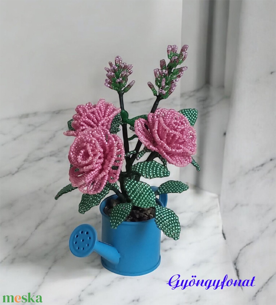 Rózsaszín rózsa levendulával gyöngyből,  asztaldísz - otthon & életmód - dekoráció - asztal és polc dekoráció - asztaldísz - Meska.hu