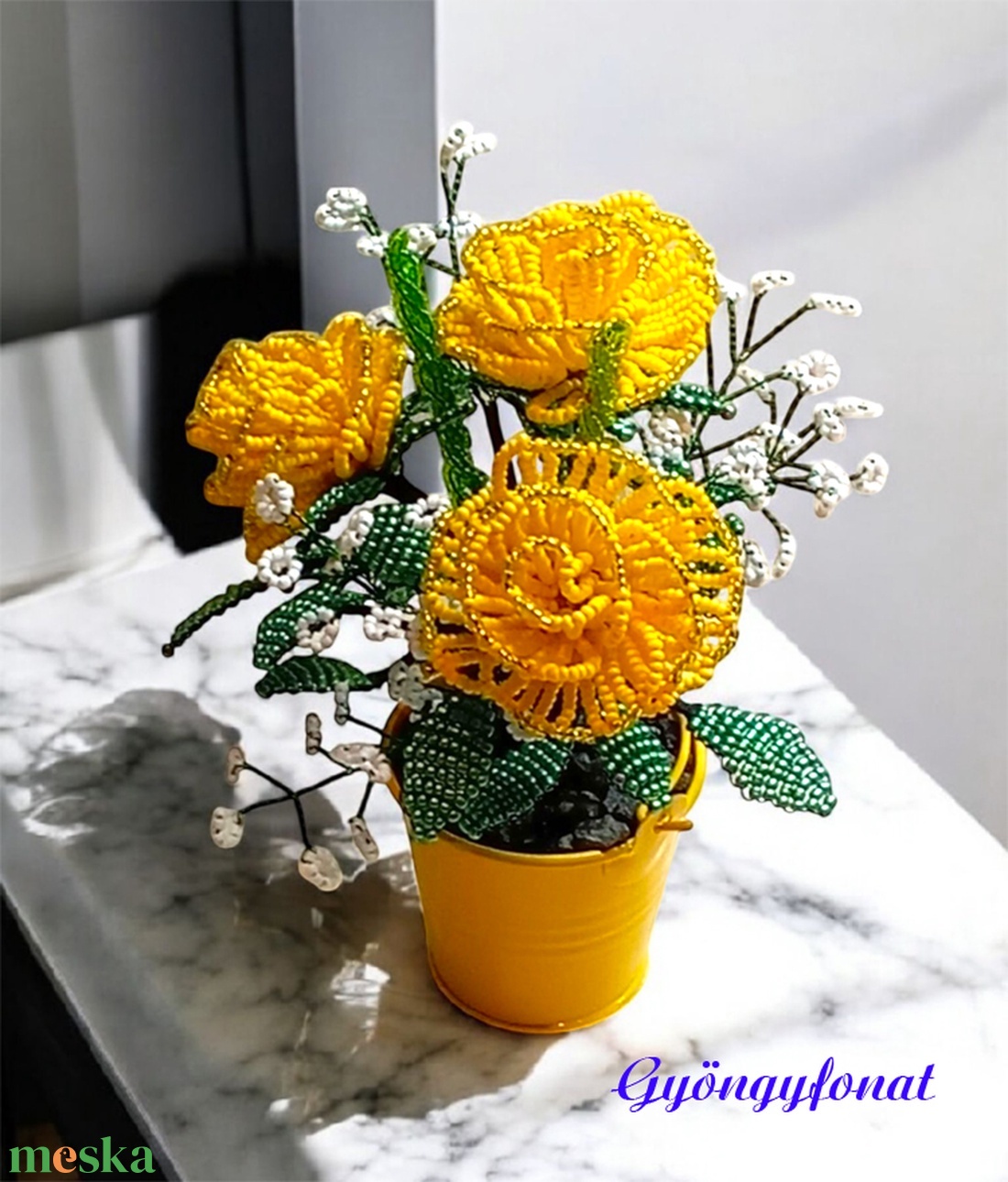 Sárga rózsa gyöngyből, asztaldísz - otthon & életmód - dekoráció - asztal és polc dekoráció - asztaldísz - Meska.hu