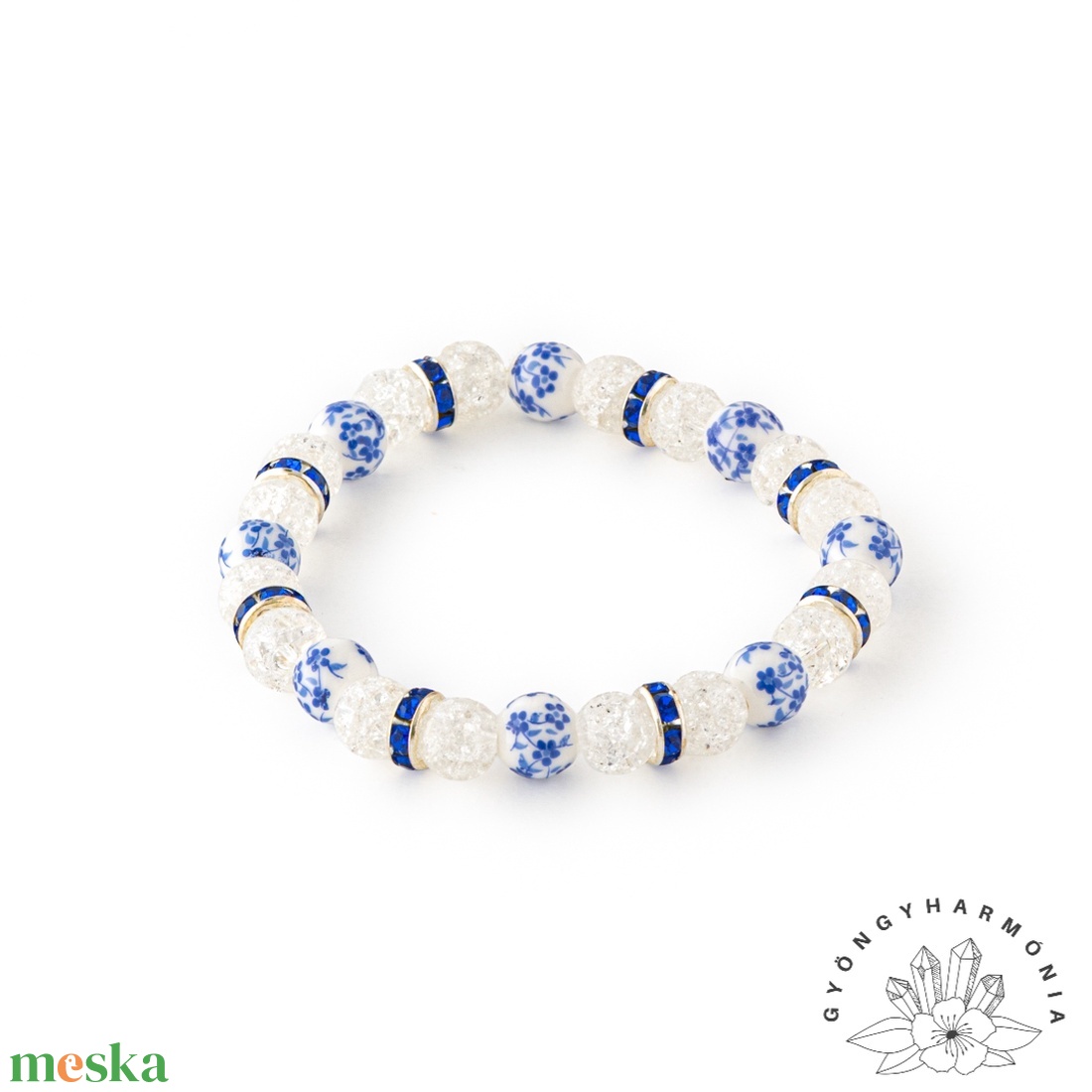 Hegyikristály ásvány karkötő sötétkék virágos porcelán gyönggyel és sötétkék strasszos köztesekkel - ékszer - karkötő - ásványkarkötő - Meska.hu