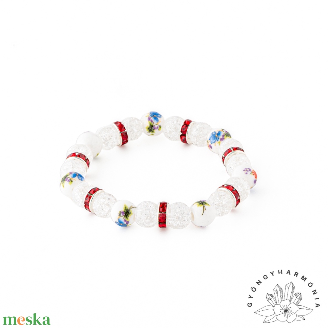 Hegyikristály ásvány karkötő színes virágos porcelán gyönggyel és piros strasszos köztesekkel - ékszer - karkötő - ásványkarkötő - Meska.hu