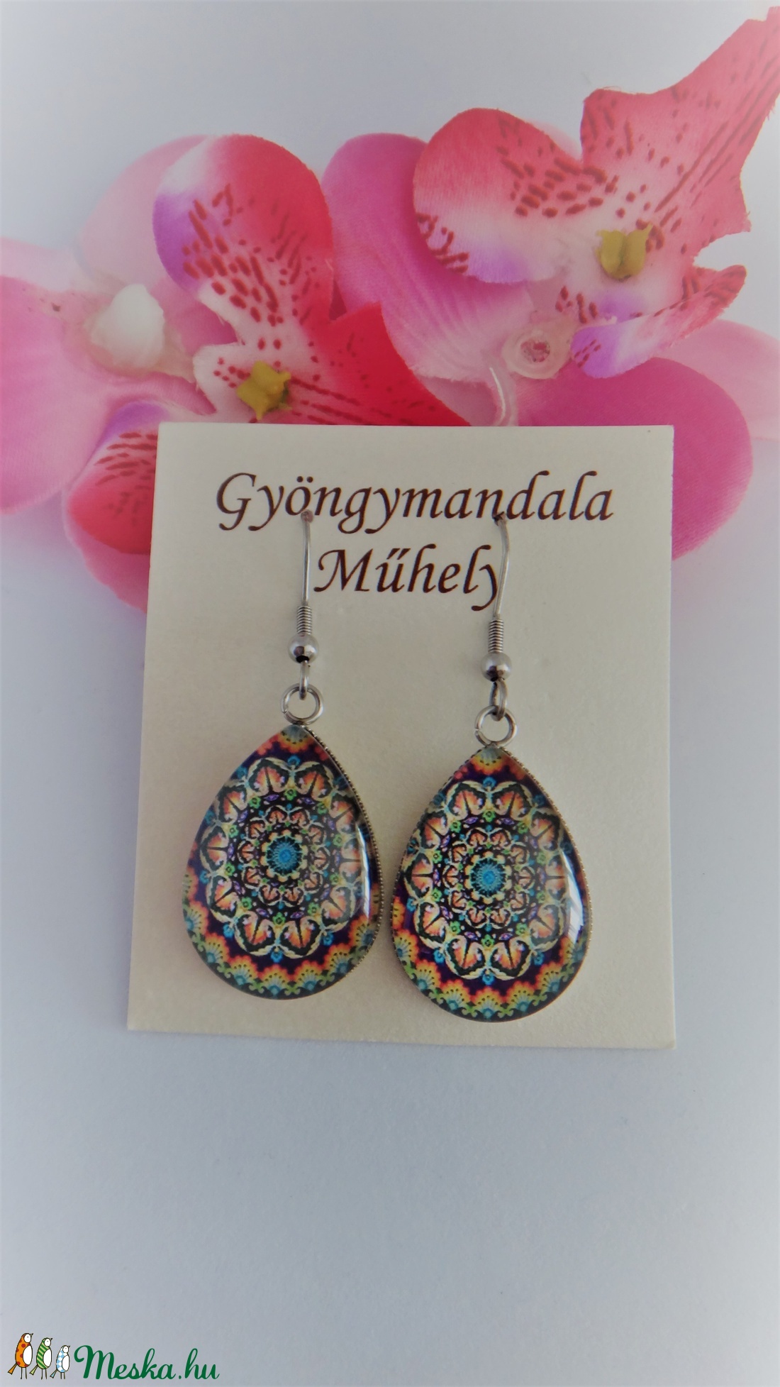 Üveglencsés fülbevaló csepp mandala -  - Meska.hu
