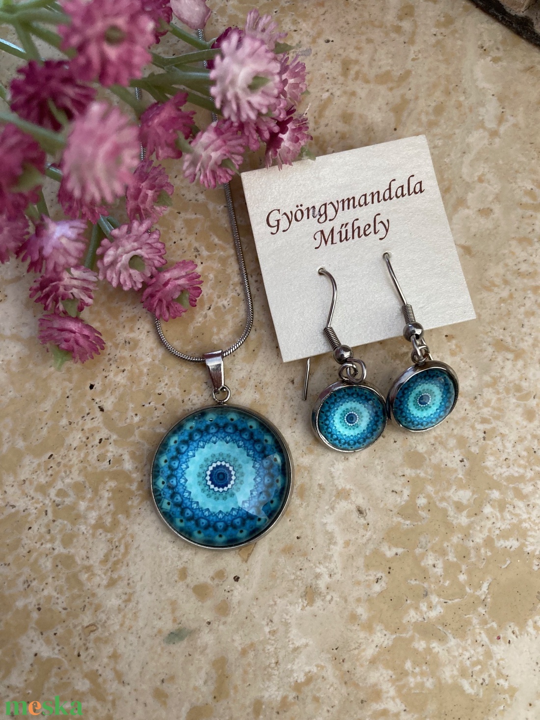 Üveglencsés nemesacél divatékszett! - türkiz mandala - ékszer - ékszerszett - Meska.hu