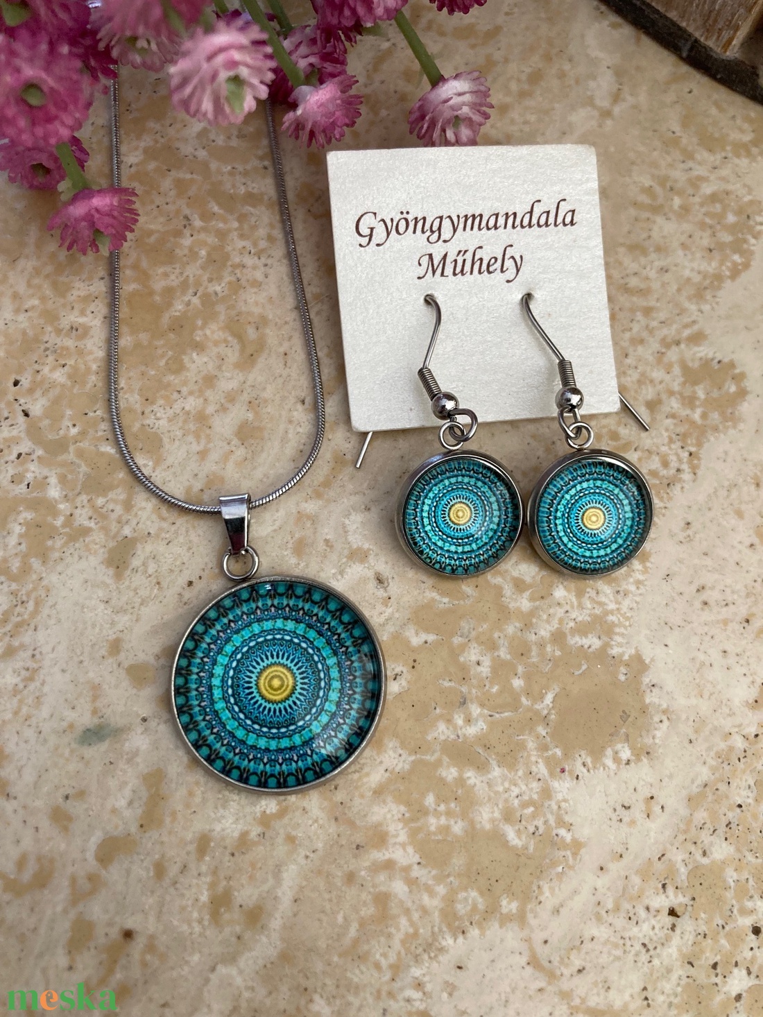 Üveglencsés nemesacél divatékszett! - mély türkiz - ékszer - ékszerszett - Meska.hu