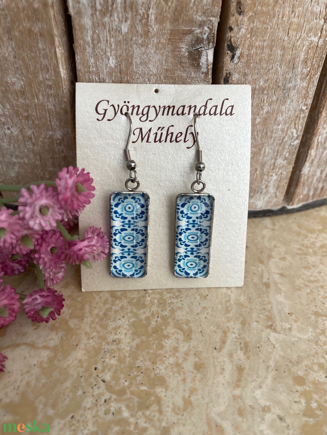 Üveglencsés nemesacél divatékszer! - kék mozaik  - ékszer - fülbevaló - lógó fülbevaló - Meska.hu