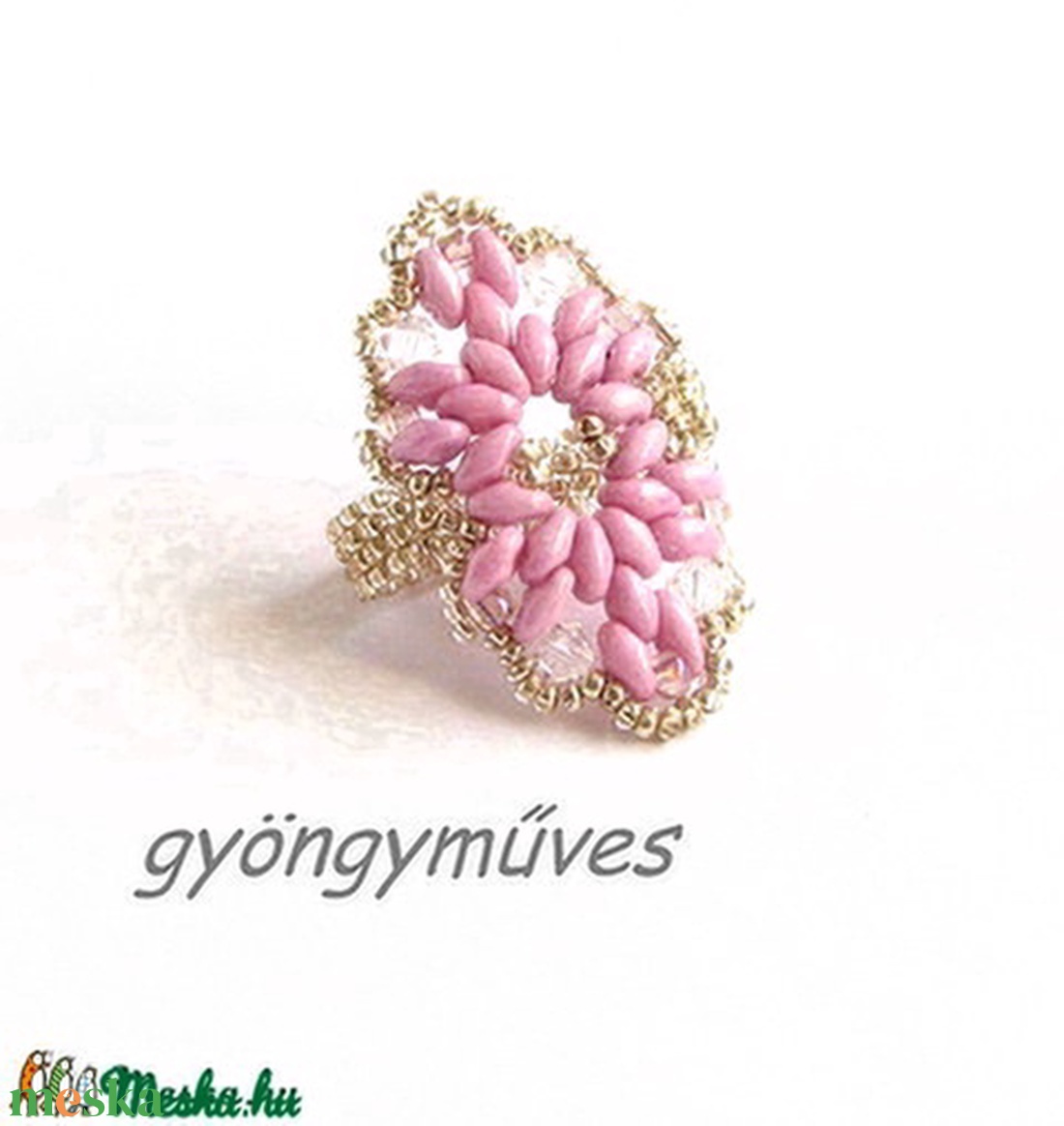 VIRÁGSZIROM romantikus ezüst rózsaszín gyűrű, gyöngyékszer, ékszer, gyöngyékszerek, ékszerek - ékszer - gyűrű - statement gyűrű - Meska.hu
