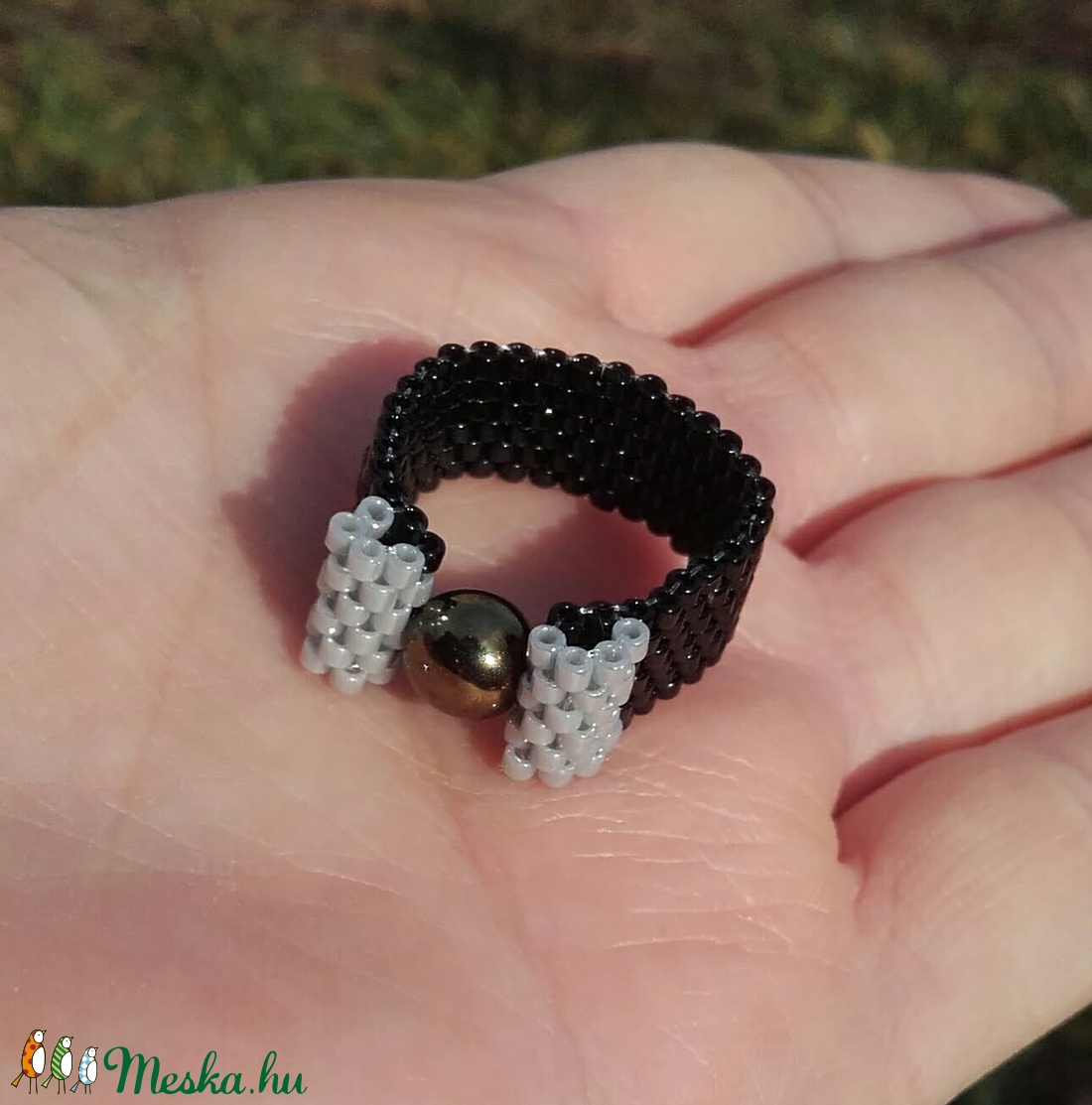Fekete-ezüst gyöngy gyűrű -  - Meska.hu