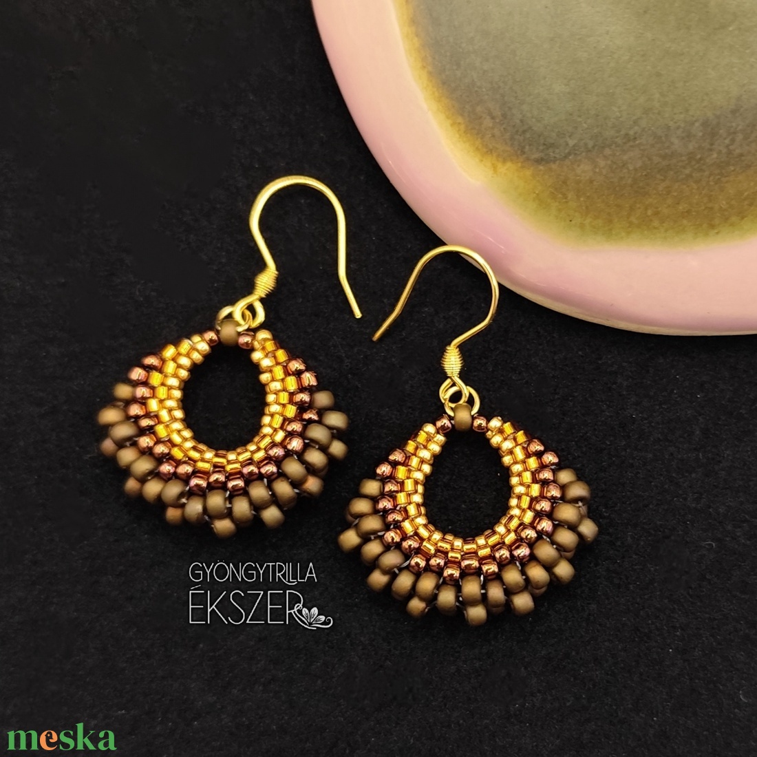 Arany-bronz színátmenetes kosárka fülbevaló - ékszer - fülbevaló - lógó fülbevaló - Meska.hu