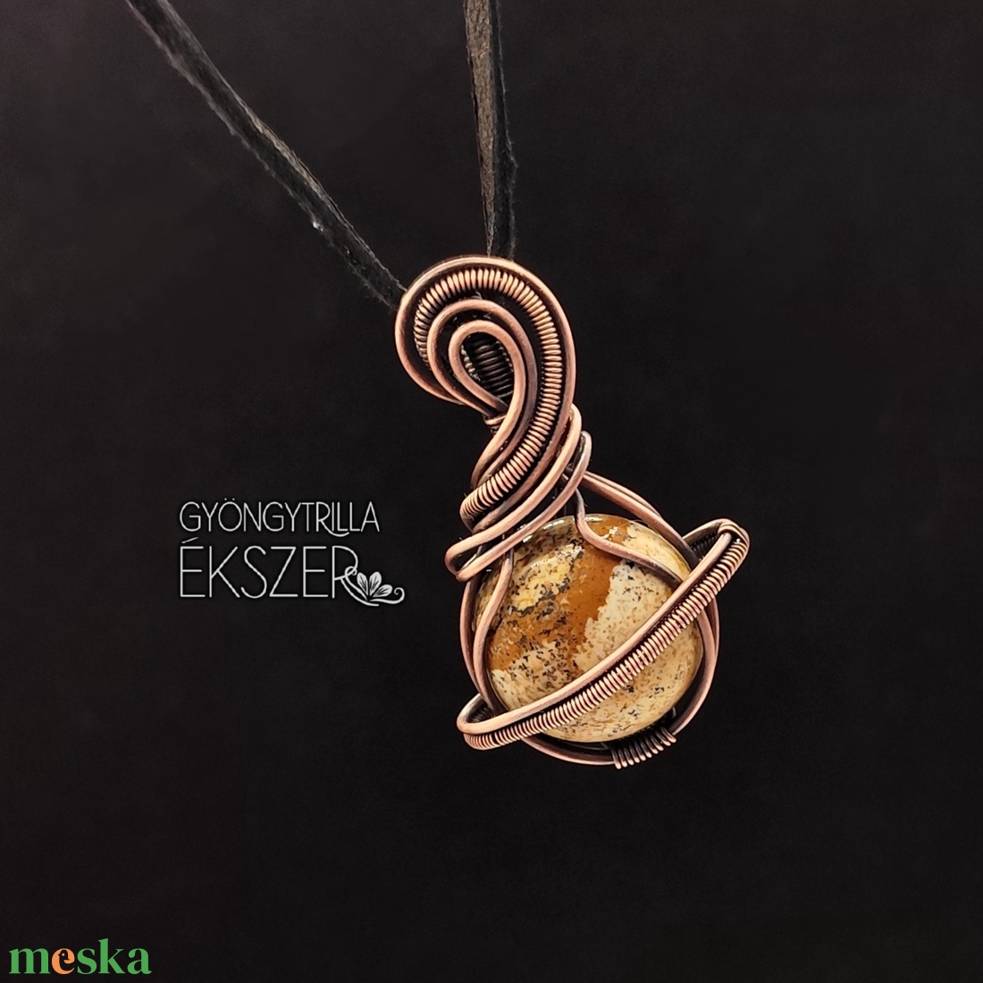 Tájképjáspis bolygó medál antikolt vörösréz befoglalással - ékszer - nyaklánc - medál - Meska.hu